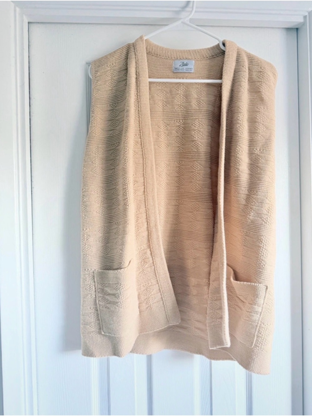 Vintage Zado Geometric Textured Knit Vest Open Front Cream Beige Made in USA
